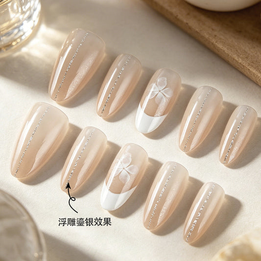 Elegant Dream Stiletto Long Beige Nails with Shimmering Silver Accent