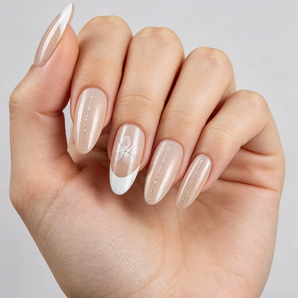 Chic Elegance Medium Almond Beige Press On Nails with Delicate Floral Design