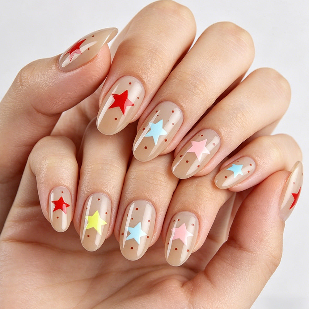 Starry Night Medium Almond Beige with Colorful Star Accents Press On Nail Set
