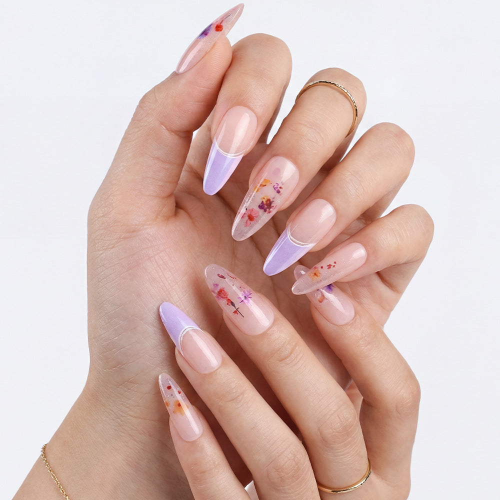 Whimsical Floral Fantasy Medium Almond Purple Ombre with Dried Flowers Press On Nail Set