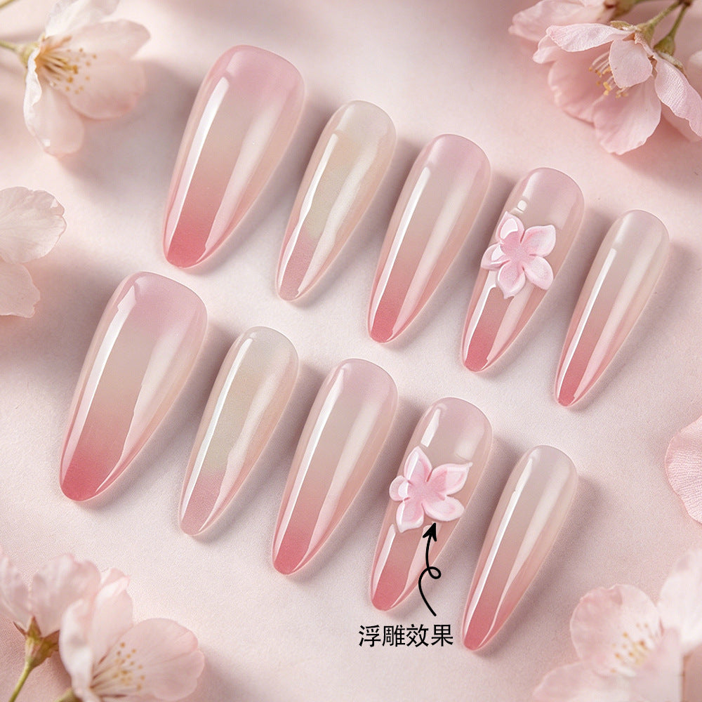 Blossom Dream Long Almond Pink Ombre Design with Floral Accent Press on Nail Set