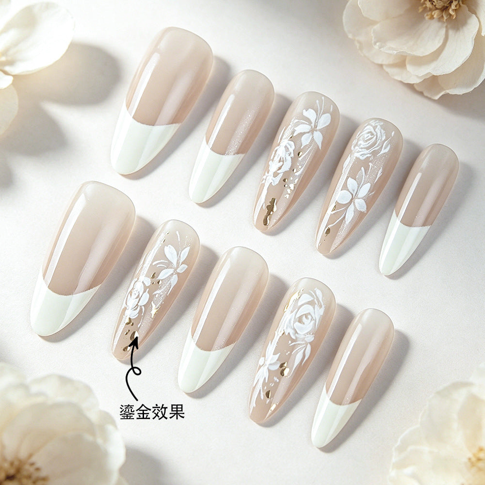 Blossom Elegance Medium Almond Beige with Floral Art Press On Nail Set
