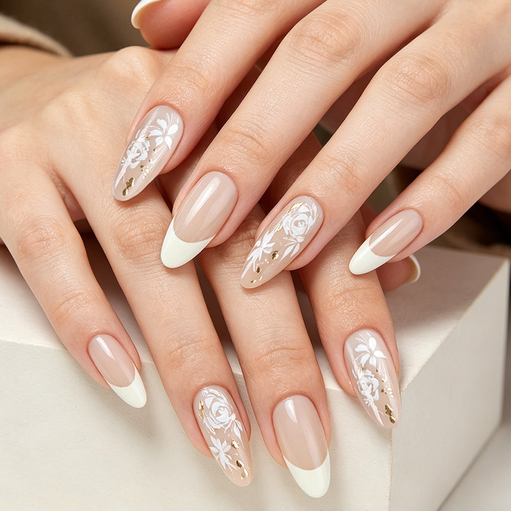 Elegant Blossom Long Almond Soft White Floral Design Press On Nail Set
