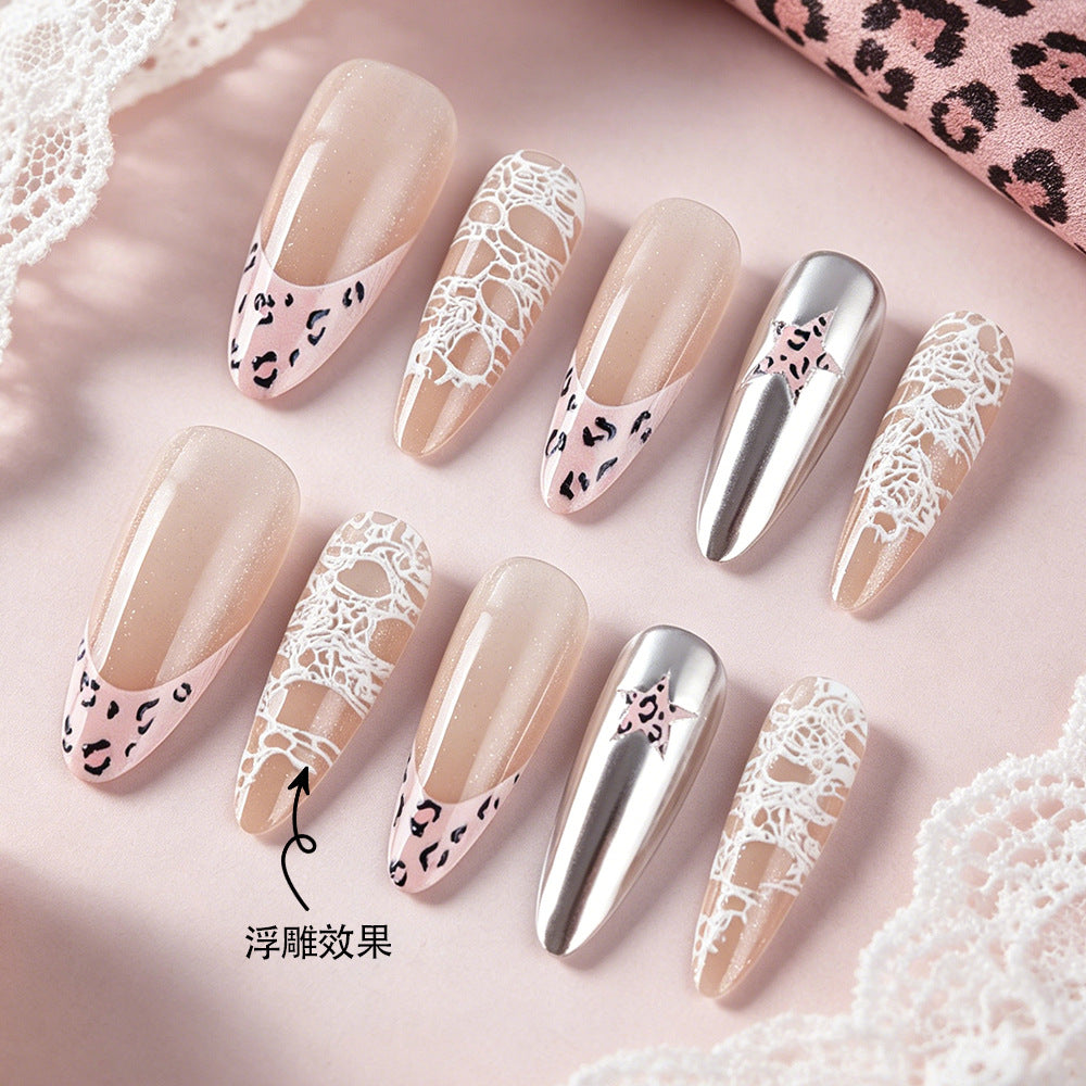Chic Leopard Print Medium Almond Beige Press-On Nail Set with Intricate Lace Design