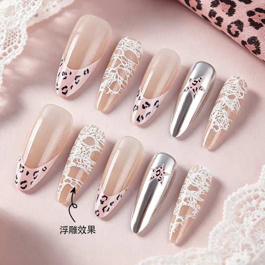 Chic Leopard Print Medium Almond Beige Press-On Nail Set with Intricate Lace Design