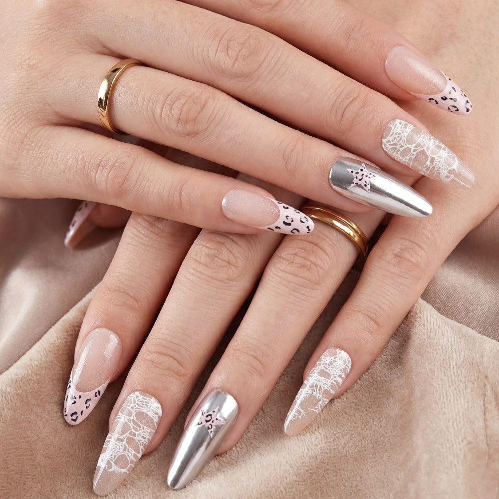Elegant Lace Design Medium Almond Pink and Silver Press On Nail Set
