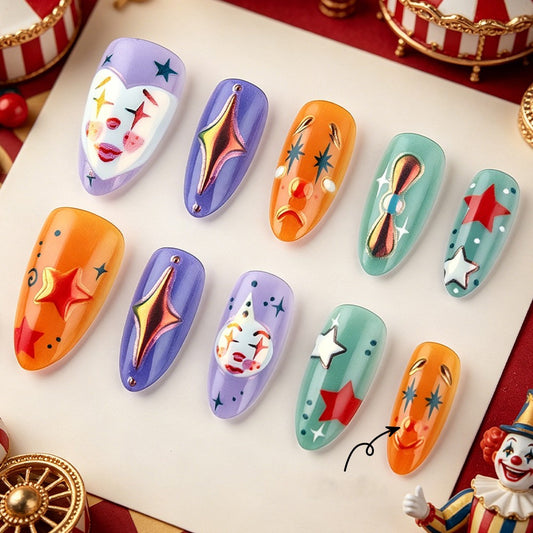 Circus Carnival Medium Almond Colorful Clown Design Press On Nail Set