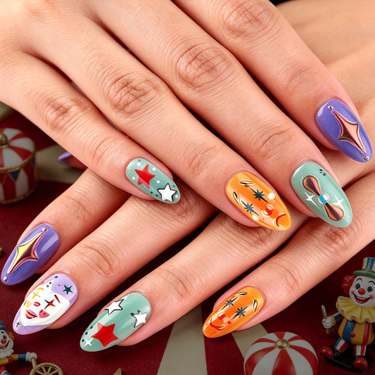 Carnival Vibes Medium Oval Multicolor Design Press on Nail Set