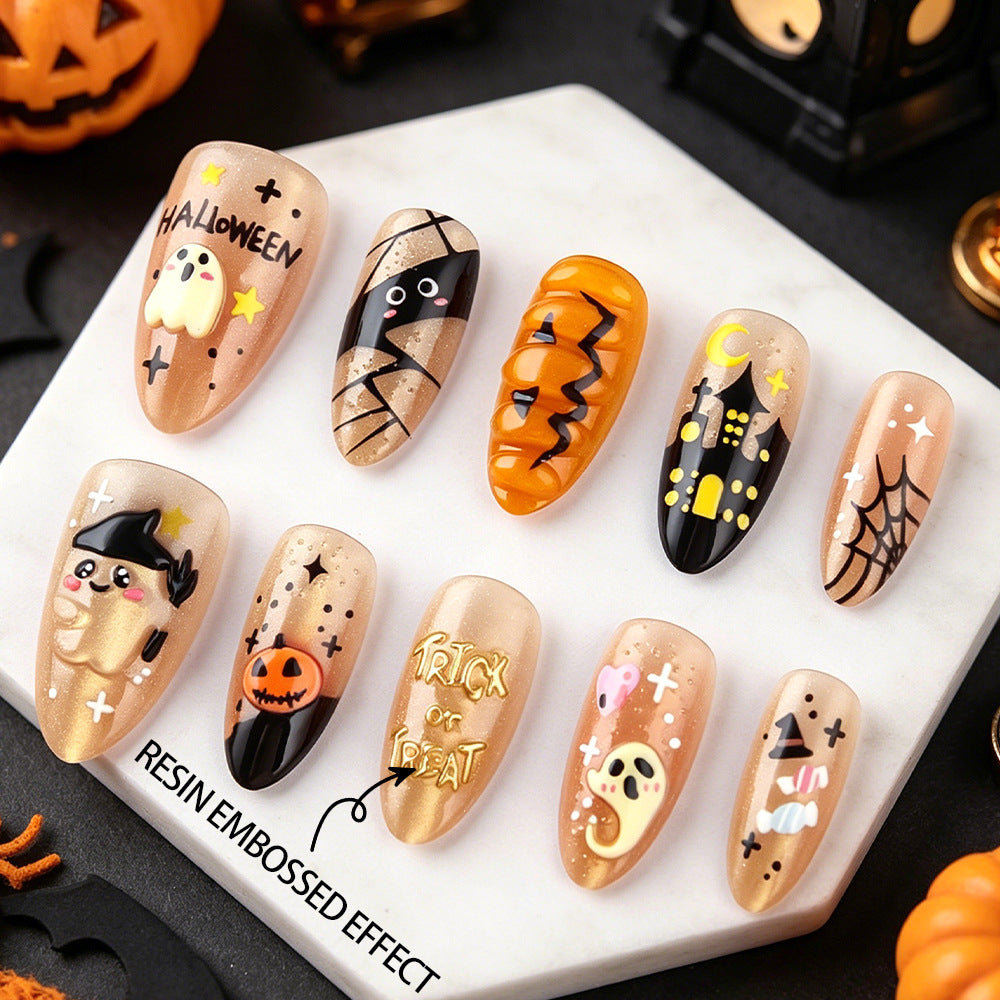 Spooky Medium Almond Orange Resin Embossed Effect Press on Nail Set