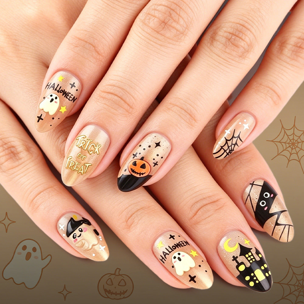 Spooky Glam Medium Oval Gold Glitter Halloween Press On Nail Set with Unique Designs