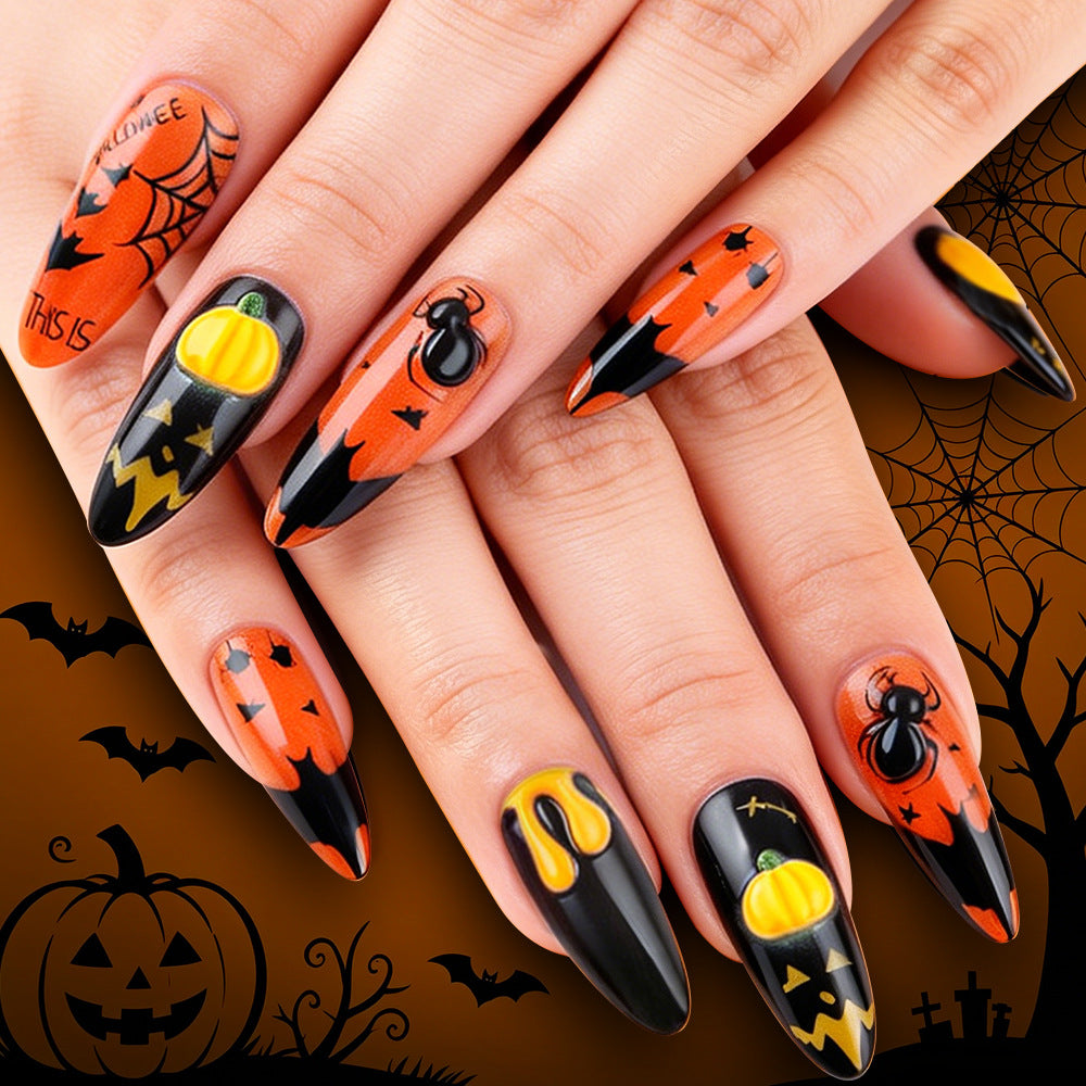 Spooky Halloween Long Almond Black and Orange Press On Nail Set with Unique Pumpkin and Spider Design