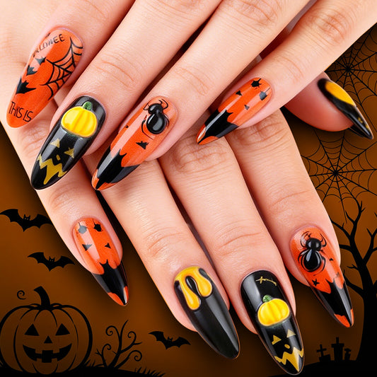 Spooky Halloween Long Almond Black and Orange Press On Nail Set with Unique Pumpkin and Spider Design