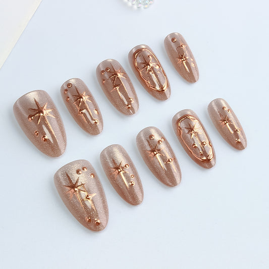 Celestial Dreams Long Almond Shaped Rose Gold Glitter Press On Nail Set with Dazzling Star Accents