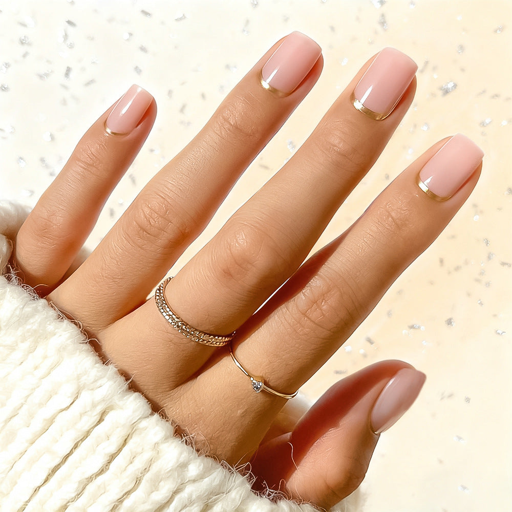 Glittering Elegance Medium Square Pink Glossy Nail Set with Chic Gold Tips