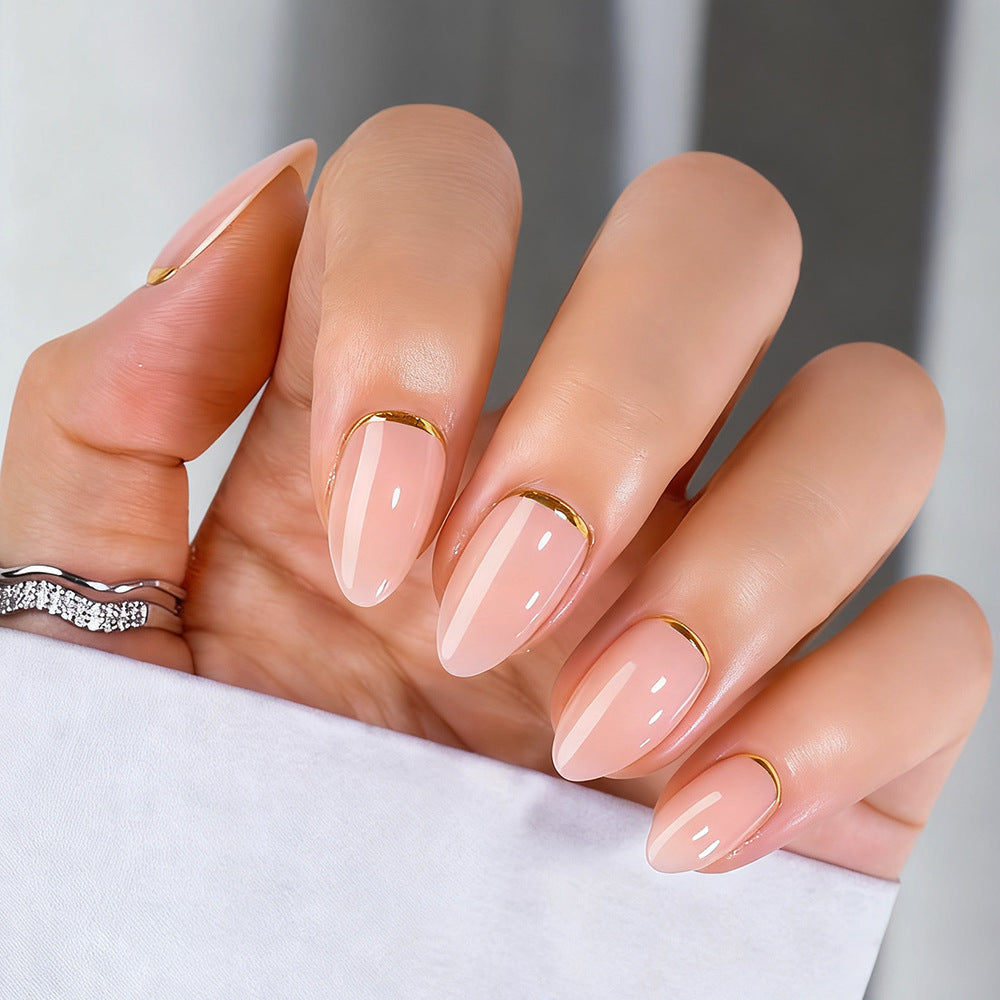 Elegant Blossom Medium Almond Shaped Blush Pink Press On Nail Set with Chic Gold Accent Tips