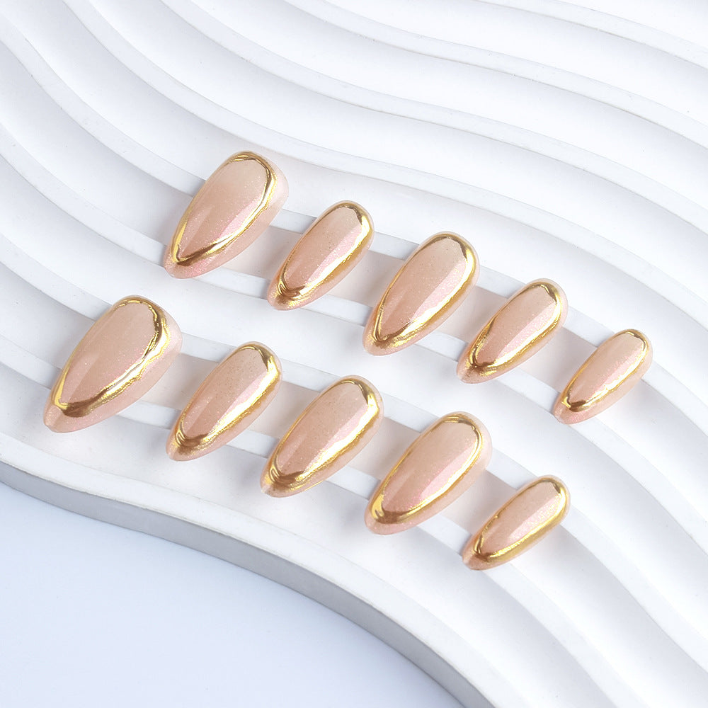 Glamorous Elegance Long Almond Shaped Rose Gold Nails with Stunning Metallic Trim