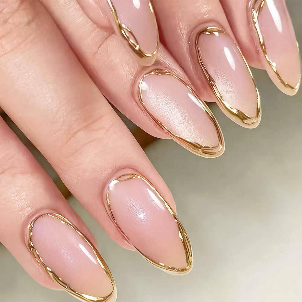 Glamorous Gold Trimmed Long Almond Shaped Blush Pink Press On Nail Set with Elegant High Shine Finish