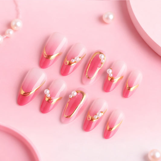 Glamorous Fairy Tale Long Almond Pink Ombré with Gold Accents and Pearls Press On Nail Set