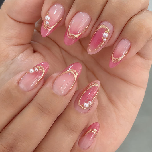 Glamorous Blush Elegant Almond Long Pink with Gold Accents and Pearl Detailing Nail Set