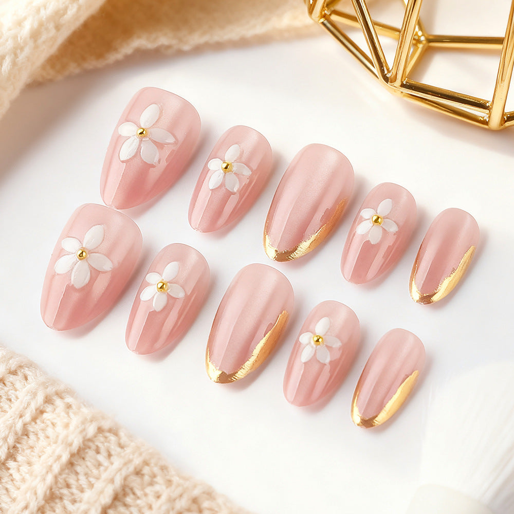 Blossom Elegance Long Almond Pink Nails with Floral Designs and Gold Accents