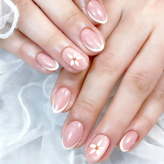 Blossom Elegance Medium Oval Pink Nails with Elegant White Floral Accents