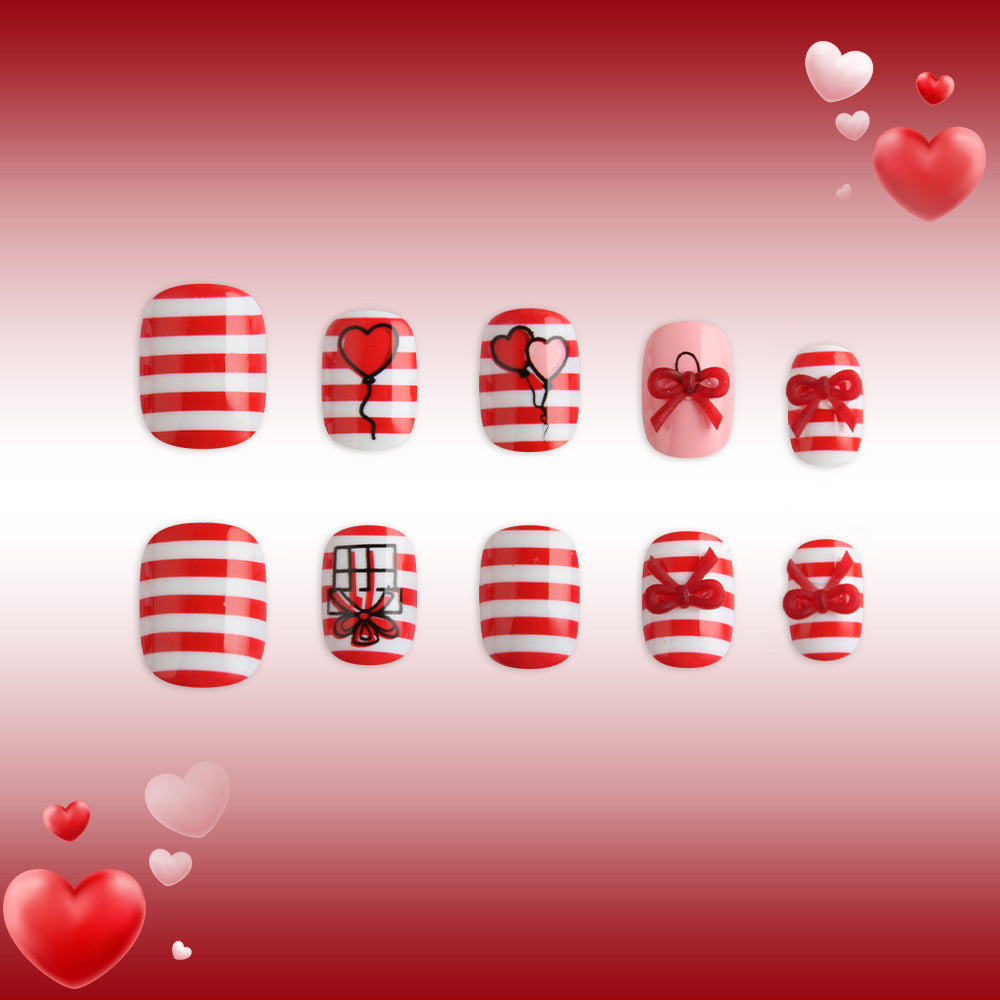 Romantic Charm Red and White Striped Short Square Press On Nail Set with Heart and Bow Designs