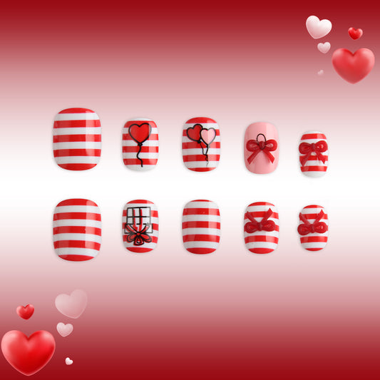 Romantic Charm Red and White Striped Short Square Press On Nail Set with Heart and Bow Designs