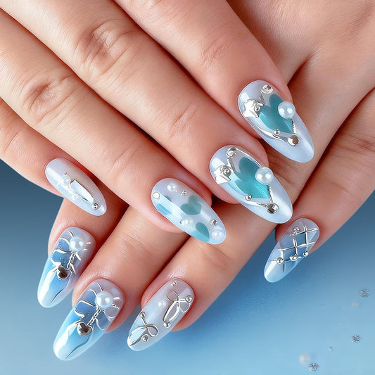 Serene Ocean Blue Long Almond Shaped Press On Nail Set with Elegant Pearl Accents and Artistic Design