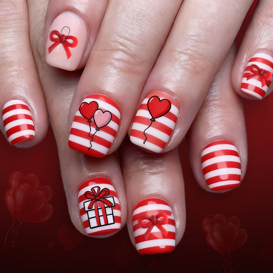 Love Struck Short Square Red and White Striped Press On Nail Set with Heart and Gift Designs