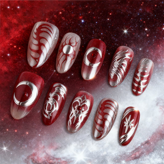 Cosmic Elegance Long Almond Crimson and Silver Striped Press On Nail Set with Galaxy Glitter Design