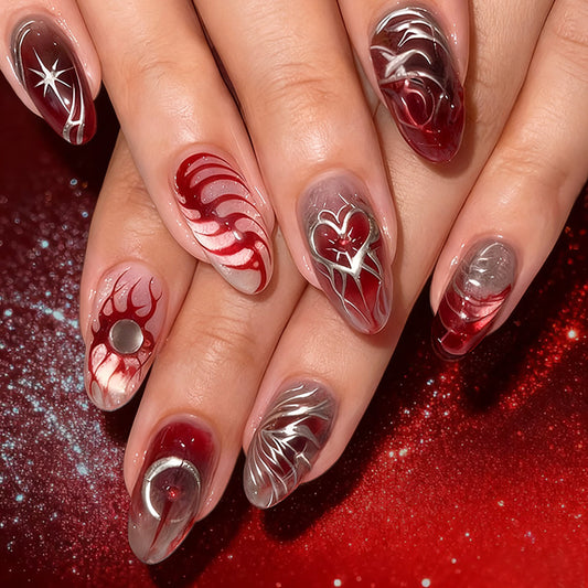 Celestial Romance Medium Almond Red Ombre Press On Nail Set with Stunning Heart and Star Designs