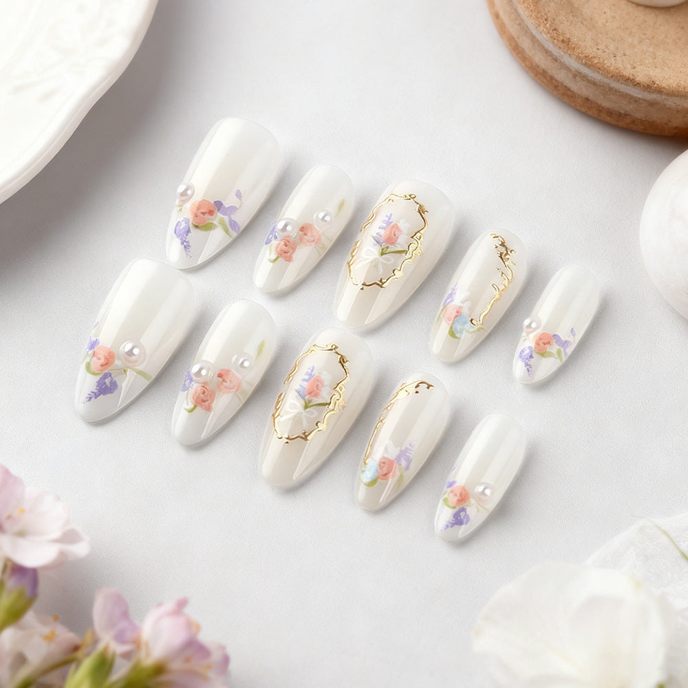 Whimsical Garden Elegant Long Almond White Floral Press On Nail Set with Golden Accents and Pearls