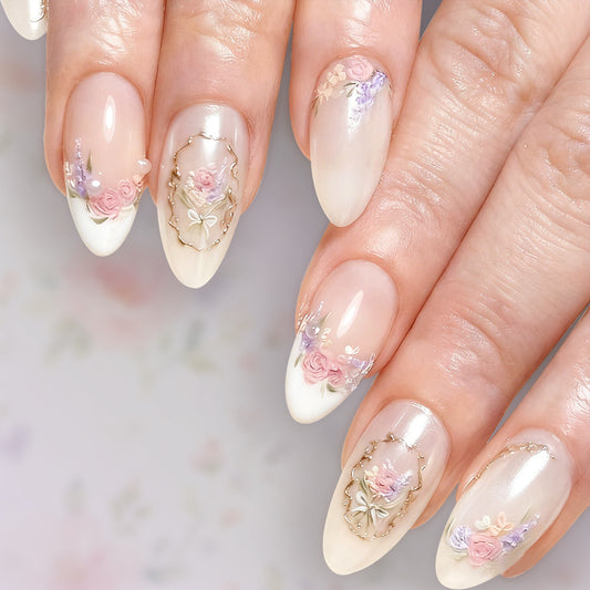 Blossoming Elegance Long Almond Shaped Soft Pink Press On Nail Set with Floral Accents