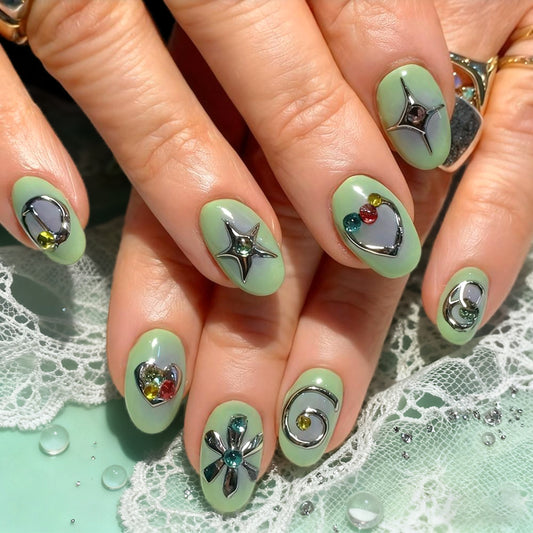 Whimsical Garden Medium Oval Mint Green Press On Nail Set with Sparkling Gem Accents