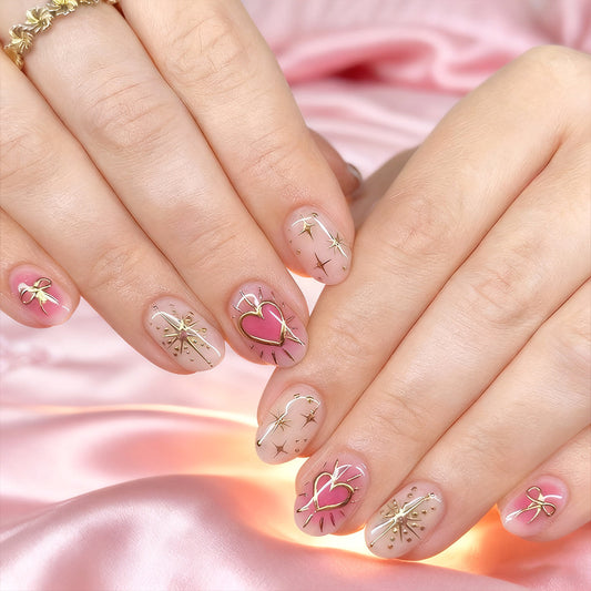 Romantic Bliss Medium Oval Pink and Clear Nails with Gold Foil Designs