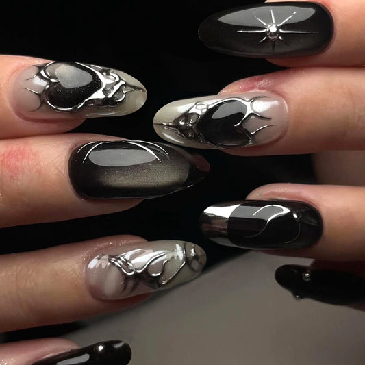 Gothic Elegance Long Oval Black and Gray Press On Nail Set with Intricate Spider Design