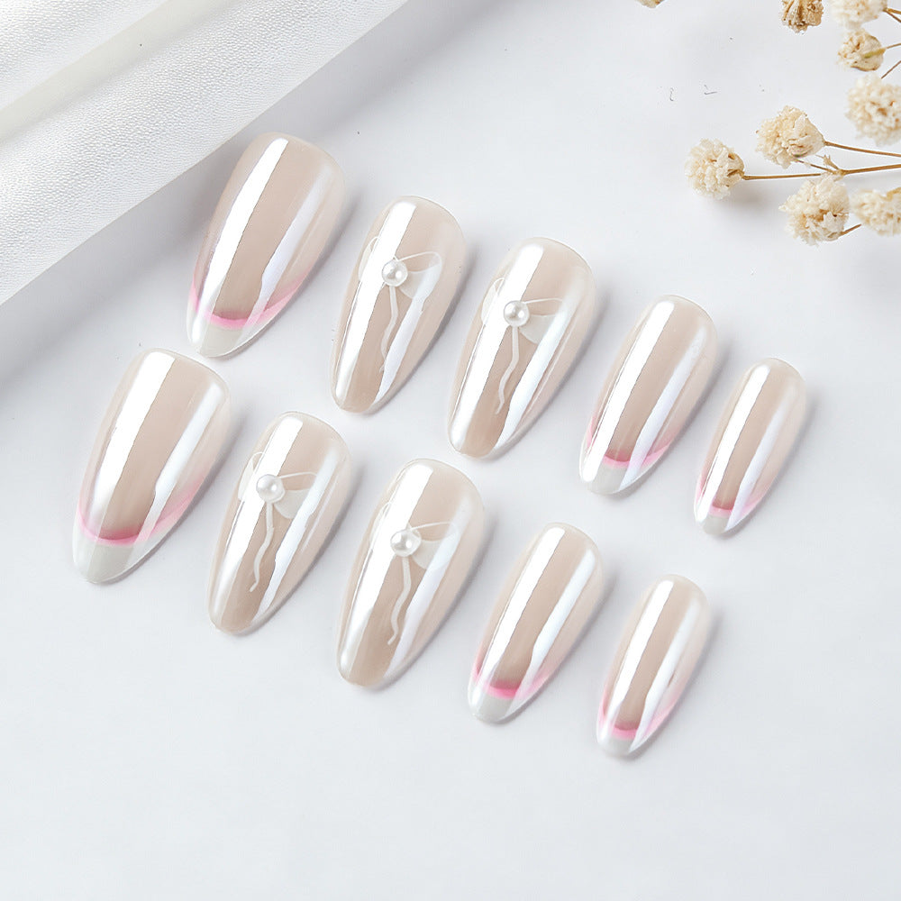 Elegant Serenity Long Almond Shaped Beige Blush Press On Nail Set with Charming Pearl Accent