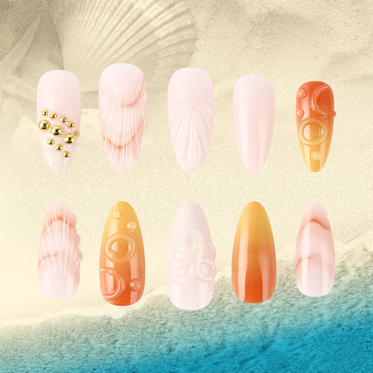 Coastal Elegance Press on Nail Set in Medium Almond Shape Soft Pink and Sunset Orange with Unique Textured Effects