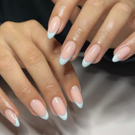Dreamy Ocean Vibes Long Almond Shaped Light Pink with Soft Blue French Tip Press On Nail Set