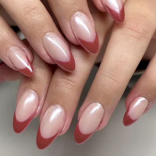 Autumn Elegance Long Almond Shaped Soft Pink with Rich Burgundy Tips Press On Nail Set