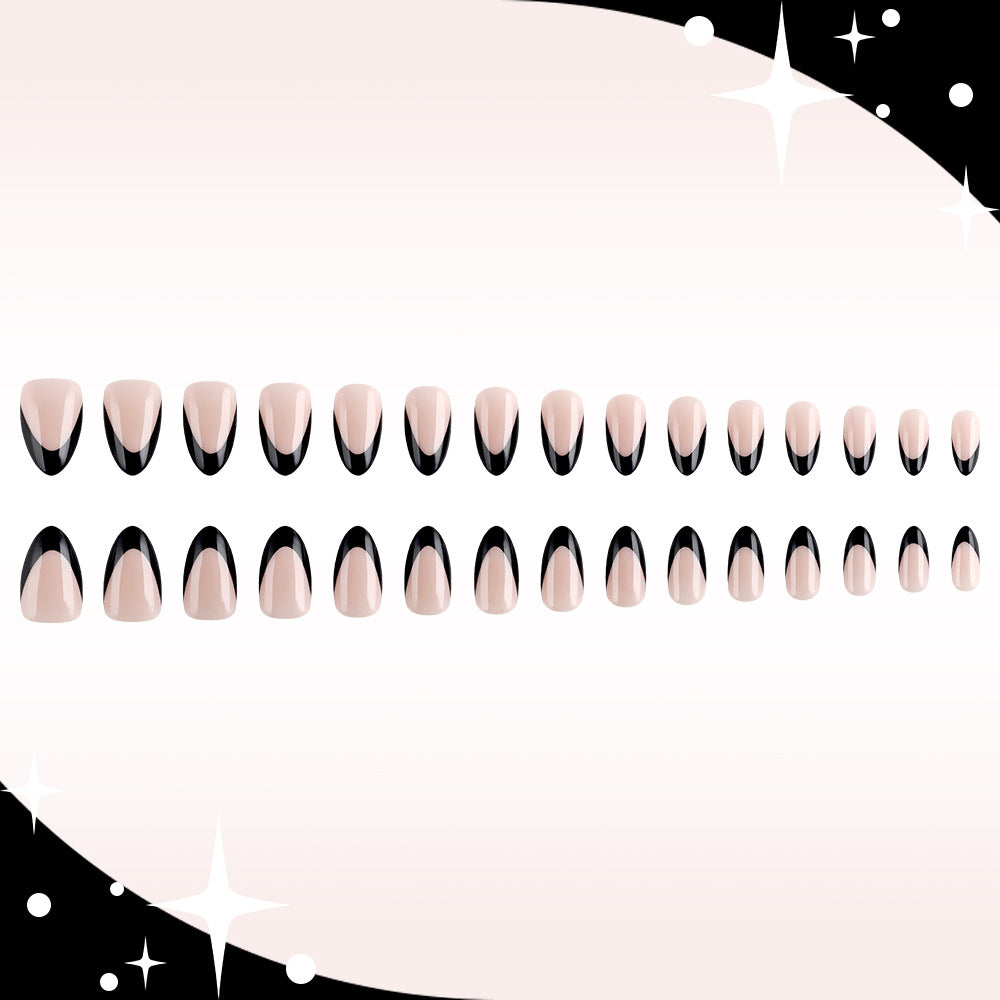Galactic Glamour Medium Almond Beige and Black Press-On Nail Set with Chic Two-Tone Design