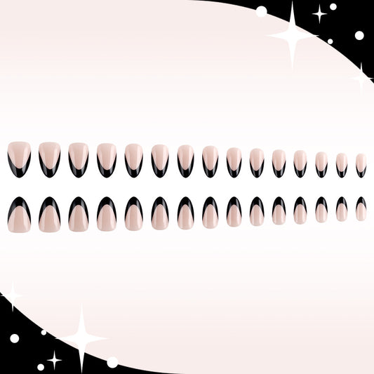 Galactic Glamour Medium Almond Beige and Black Press-On Nail Set with Chic Two-Tone Design