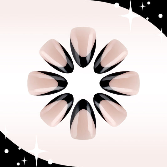Starlit Elegance Medium Almond Pink and Black Press On Nail Set with Glossy Finish