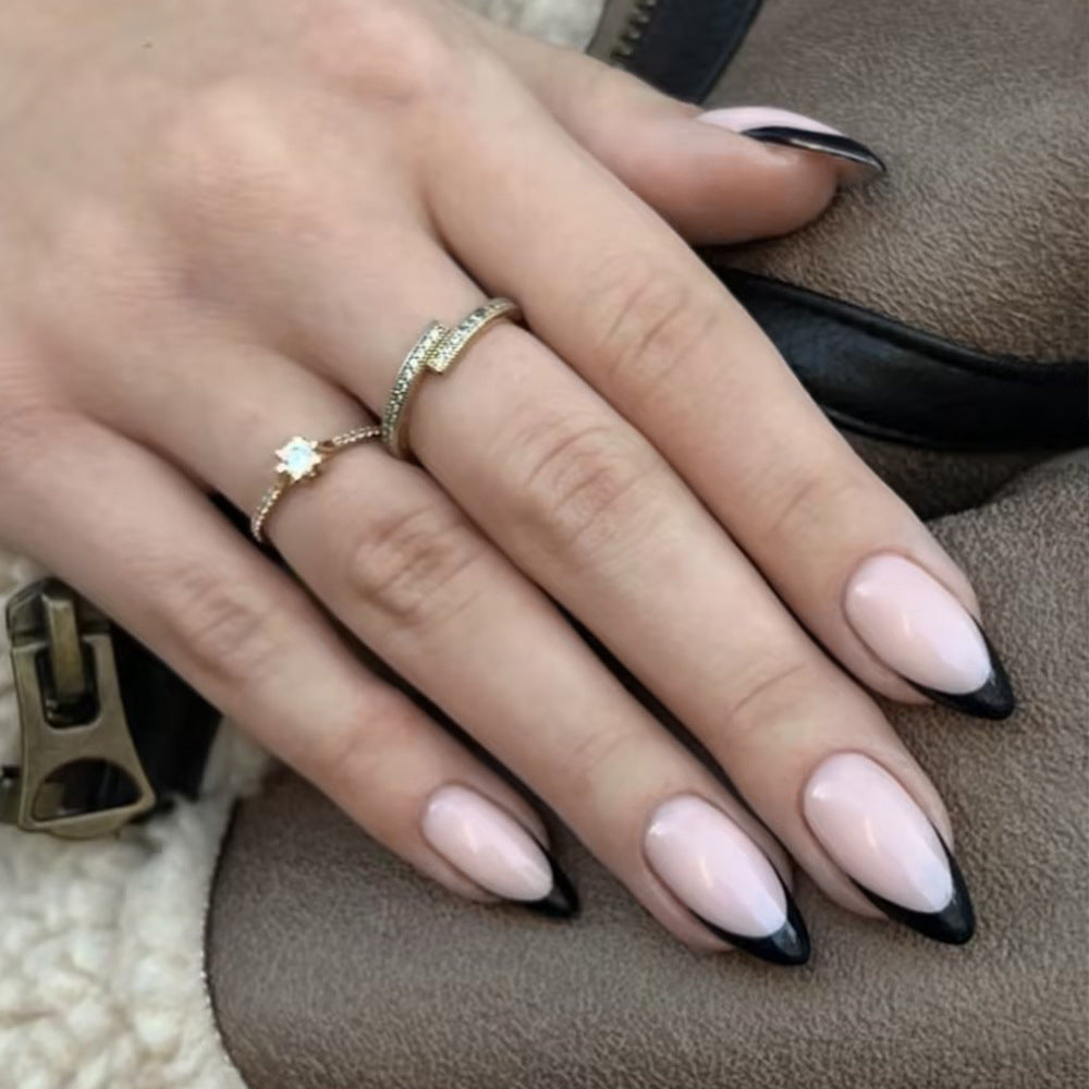 Glamorous Enchantment Press On Nail Set Elegant Medium Almond Shape Soft Pink with Bold Black Tips for Chic Style