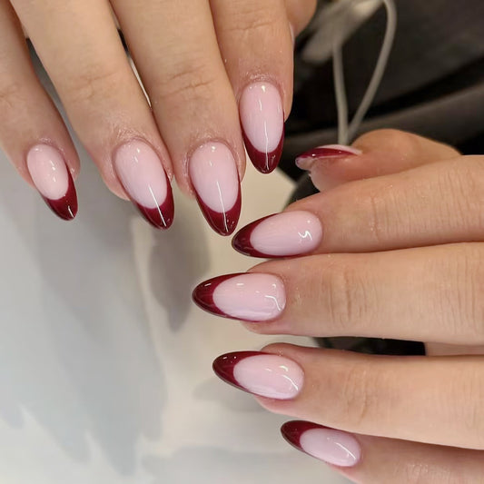 Crimson Elegance Medium Almond Pink and Red Gradient Press On Nail Set