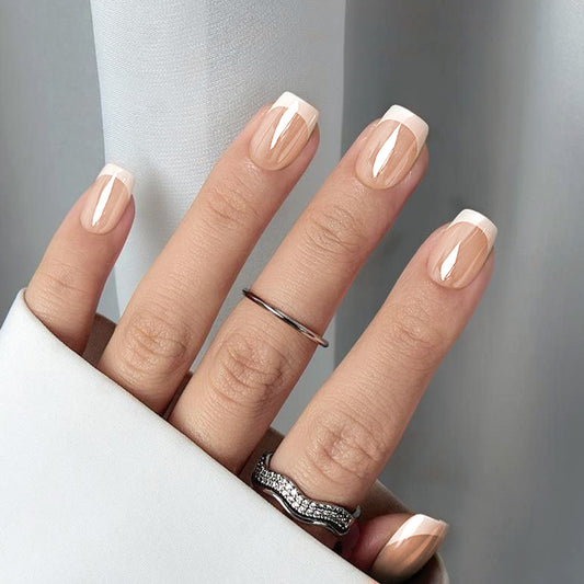 Elegant Serenity Soft Short Square Beige Press On Nail Set with Glossy Finish