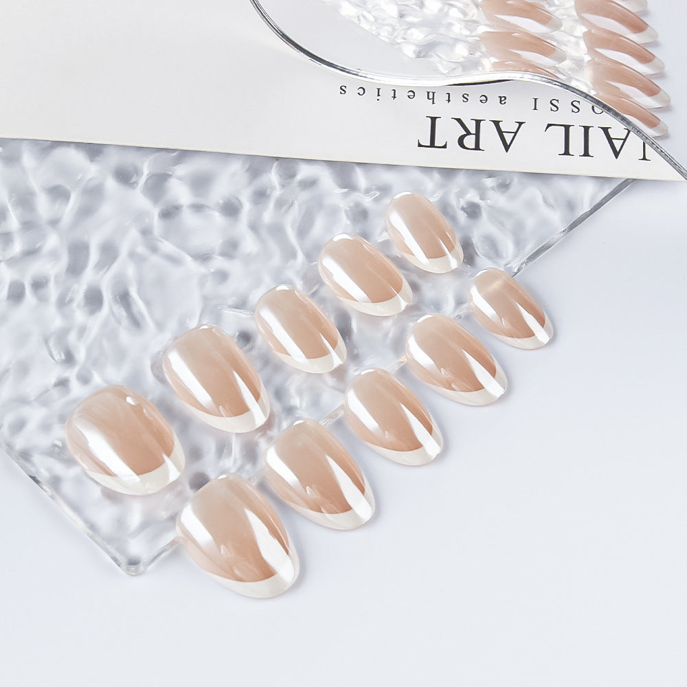 Elegant Twilight Short Round Shaped Beige Press-On Nail Set with Chic White Tips