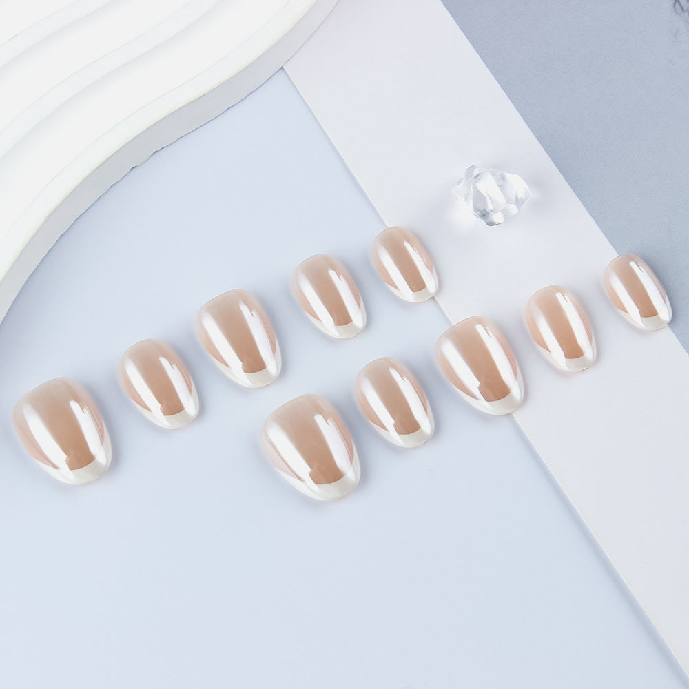 Glamorous Elegance Short Round Beige with Shimmering French Tips Press On Nail Set