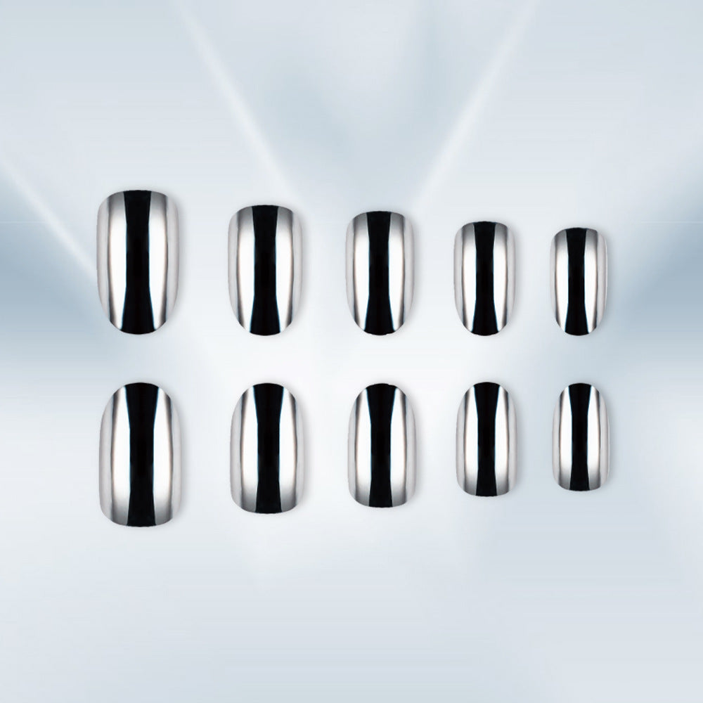 Glamorous Night Press On Nail Set Short Square Silver Mirrored Shine Finish