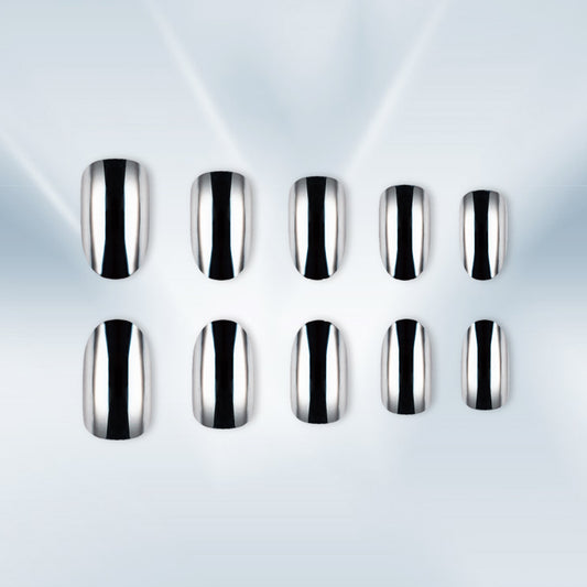 Glamorous Night Press On Nail Set Short Square Silver Mirrored Shine Finish